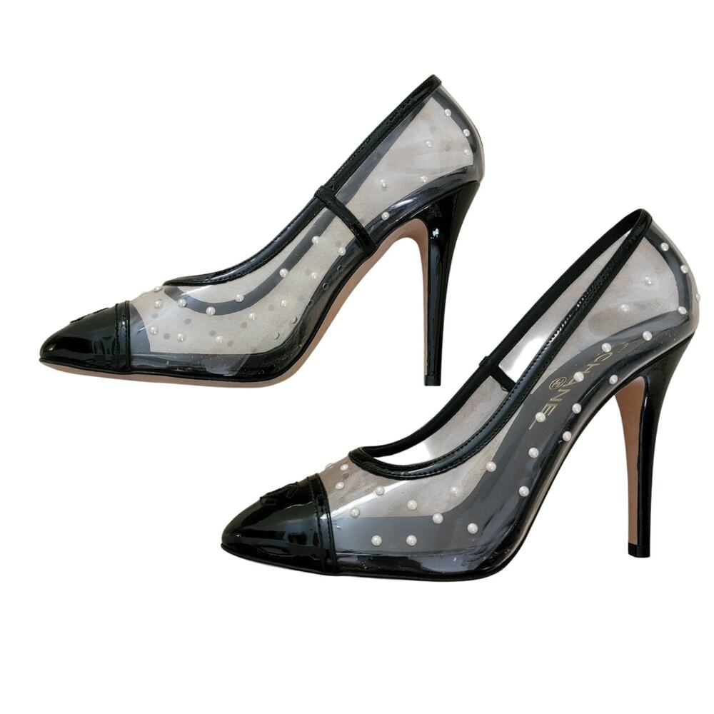 Chanel Cap Toe Clear Black Pearl CC Logo High Heels Patent Leather 39.5 8.5 9